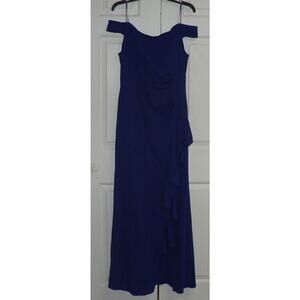 Ignite Evenings Off the Shoulder Ruffle Drape‎ Slit Crepe Gown Blue Size 16 $239
